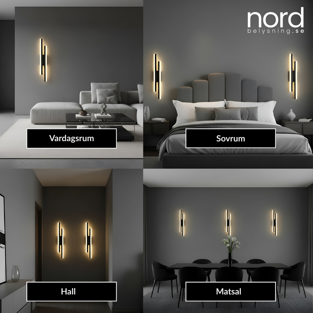 Svart LED-vägglampa med Dubbla Ljuslinjer För Sovrum, Vardagsrum och Hall