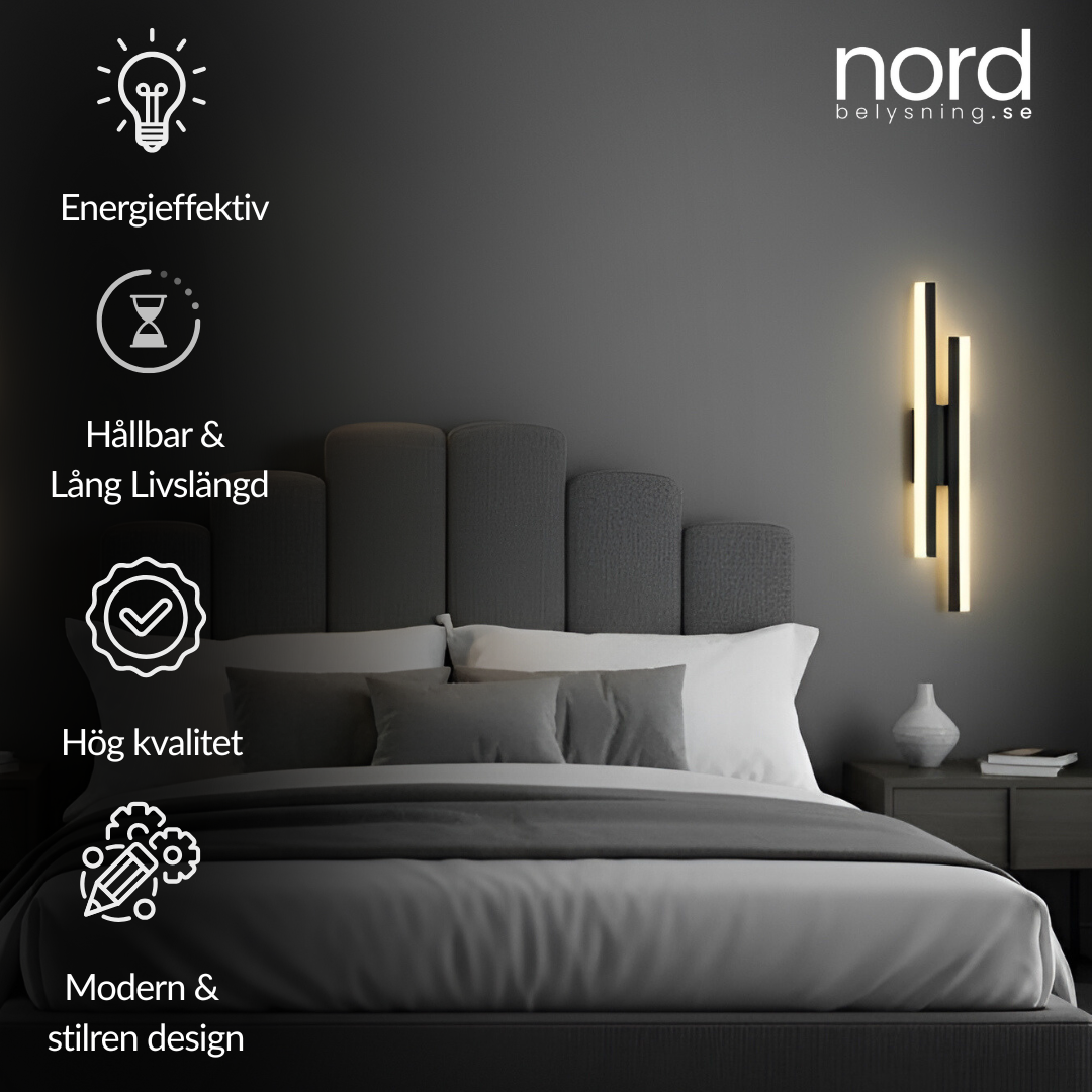 Svart LED-vägglampa med Dubbla Ljuslinjer För Sovrum, Vardagsrum och Hall